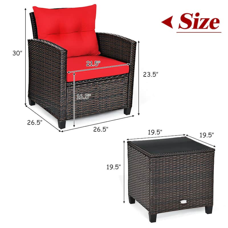 Outdoor 3-piece Cushioned Rattan Patio Furniture Conversation Set