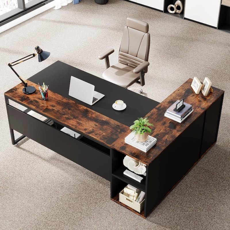 71" L-Shaped Executive Desk with Storage Cabinet & Shelves, Rustic Brown and Black