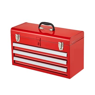 20.5 Inch Red Portable Metal Toolbox with 3 Storage Drawers and Auto Locking System - 20.5 x 8.6 x 12 in
