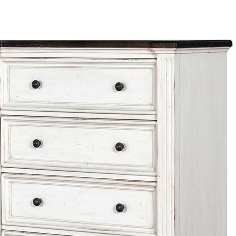 Orso Tall Dresser Chest, 5 Drawers, Panel Detailed White Mahogany Wood