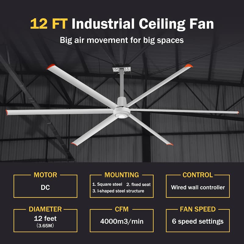 12ft HVLS Commercial 144" Ceiling Fan without Light with 6 Aluminum Blades