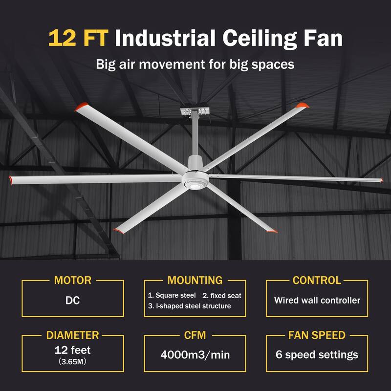72"/84"/96"/120"/140" HVLS Industrial Ceiling Fan with 6/8 Aluminum Blades without Light