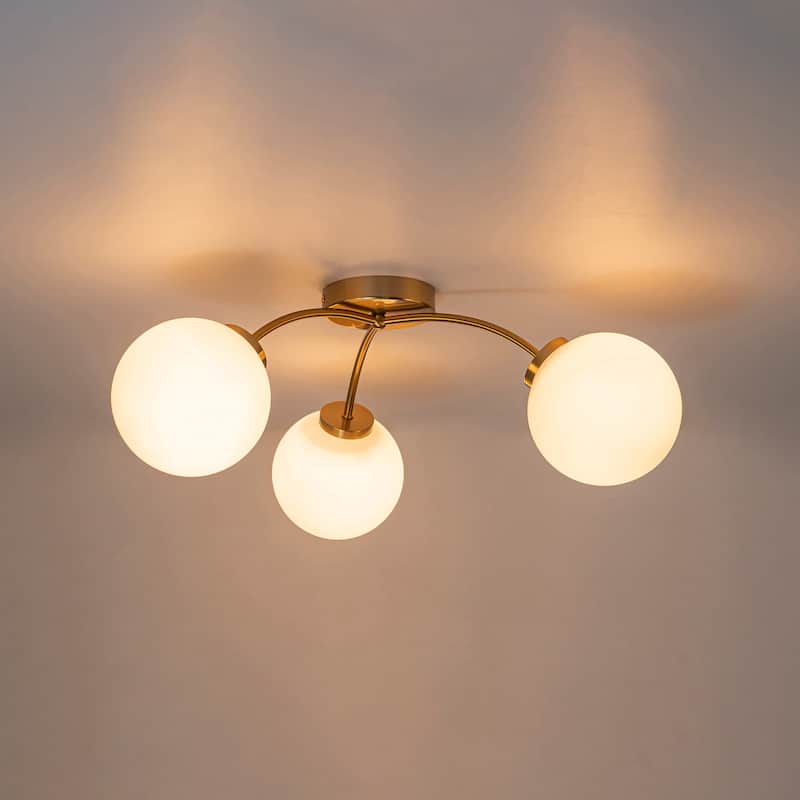 6-Light Brass Semi-Flush Mount Ceiling Light with Opal Glass Shades - 24.2-in W x 9.05-in H