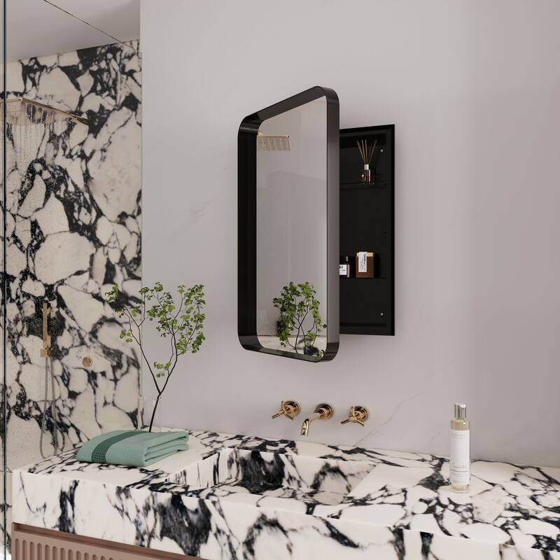 Recessed Gold Metal Framed Medicine Cabinet with Mirror and Adjustable Shelves, Wall-Mounted Storage