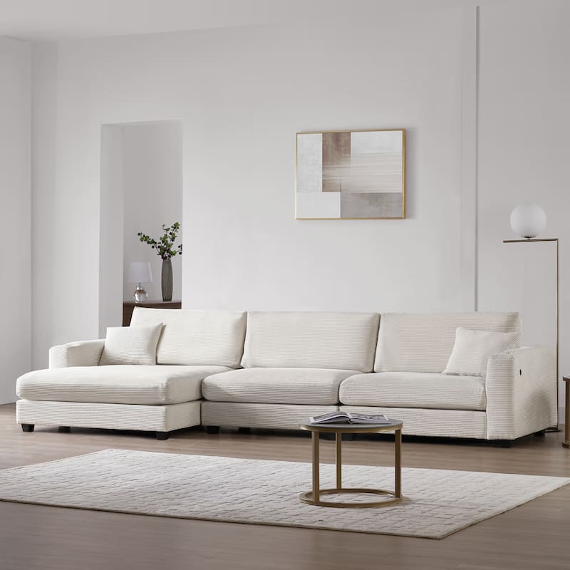Oversized Corduroy Sectional Sofa,L-Shaped Cloud Couch with USB Charging Port,Cup Holder - Beige
