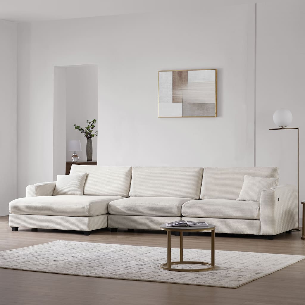 Oversized Corduroy Sectional Sofa,L-Shaped Cloud Couch with USB Charging Port,Cup Holder