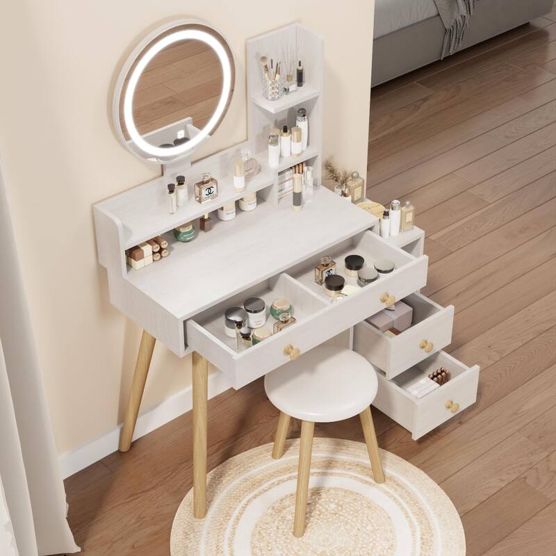 Makeup Vanity Desk Set with LED Lighted Mirror and Cushion Stool, Vanity Dressing Table with Bedside Cabinet, Drawers & Shelves
