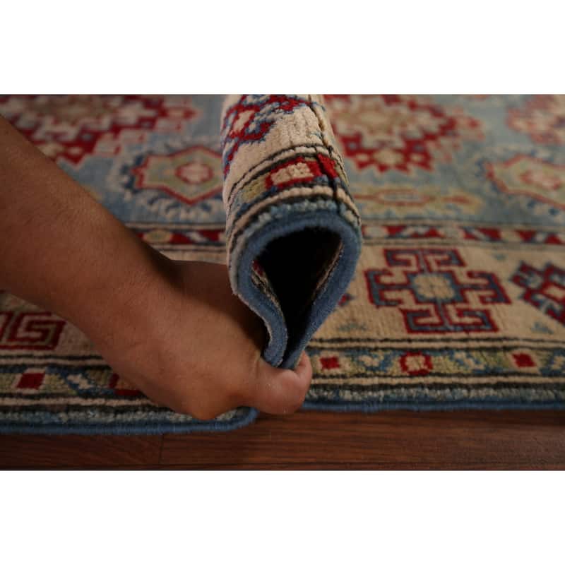 Light Blue Kazak Runner Rug Handmade Geometric Wool Carpet - 2'9" x 16'2"