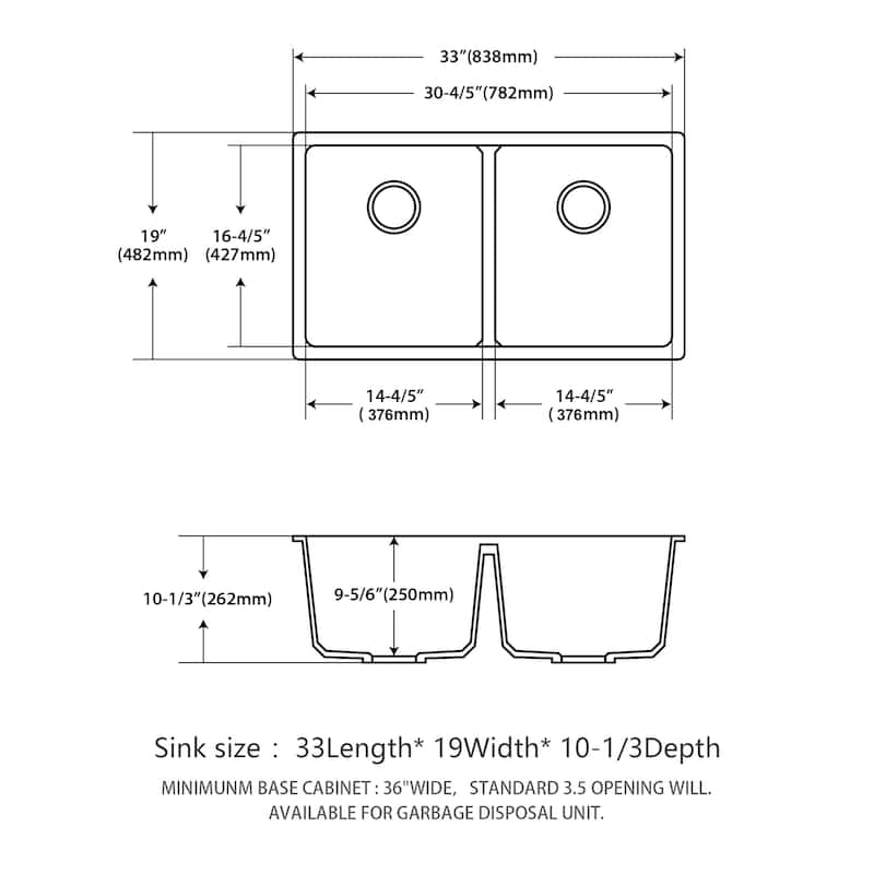 33" Undermount Double Bowl Quartz Kitchen Sink in Black - 33'' x 19'' x 10.33''