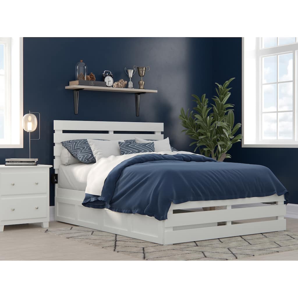 Full Size Platform Bed with Storage - Cottage Style Bed Frame & Footboard - White Finish