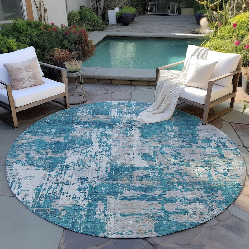 Machine Washable Indoor/ Outdoor Abstract Chantille Rug - Teal - 8' x 8'