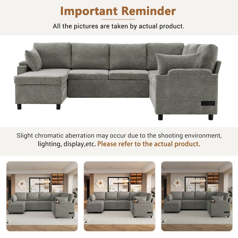 Roomfitters U-Shaped Sectional Sleeper Sofa with Storage, USB Ports and Cup Holders, Convertible Bed for Living Room