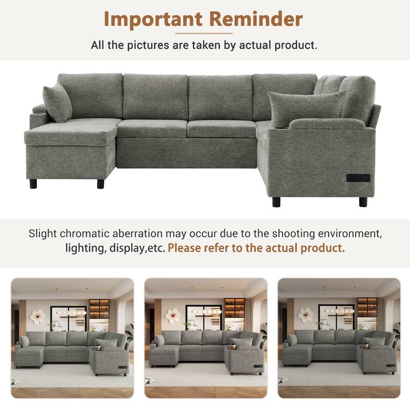 U-Shaped Chenille Sectional Sofa with Storage Chaise Lounge, Convertible Sleeper Sofa Bed with Cup Holders & Charging Ports