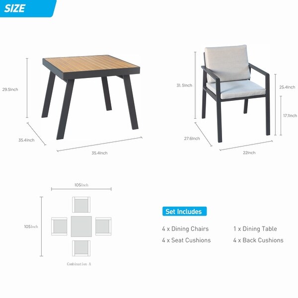 Higold 6801 Nofi Outdoor Furniture, 5 Pieces Patio Dining Set, Matte Charcoal Aluminum Frame, Imitated Teak Aluminum Tabletop