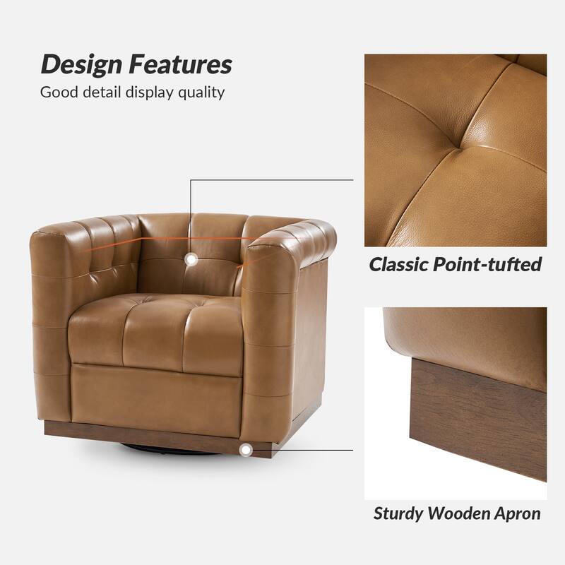 Jeremias Mid-certury Modern Genuine Leather Tufted Swivel Club Chair with Wooden Apron by HULALA HOME