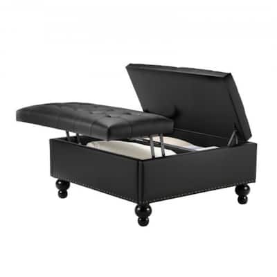 Black Leather Square Storage Ottoman with Lift Top Tufted Coffee Table Bench and Wooden Frame