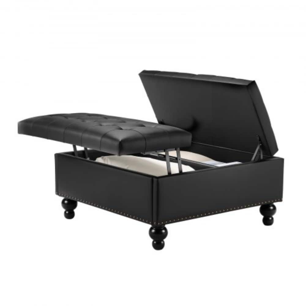 Black Leather Square Storage Ottoman with Lift Top Tufted Coffee Table Bench and Wooden Frame