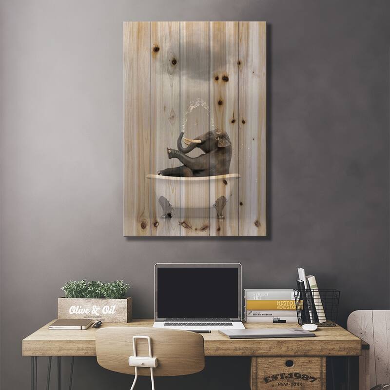 Elephant Relaxing In The Bath 3 Print On Wood by Mike Kiev - Multi-Color