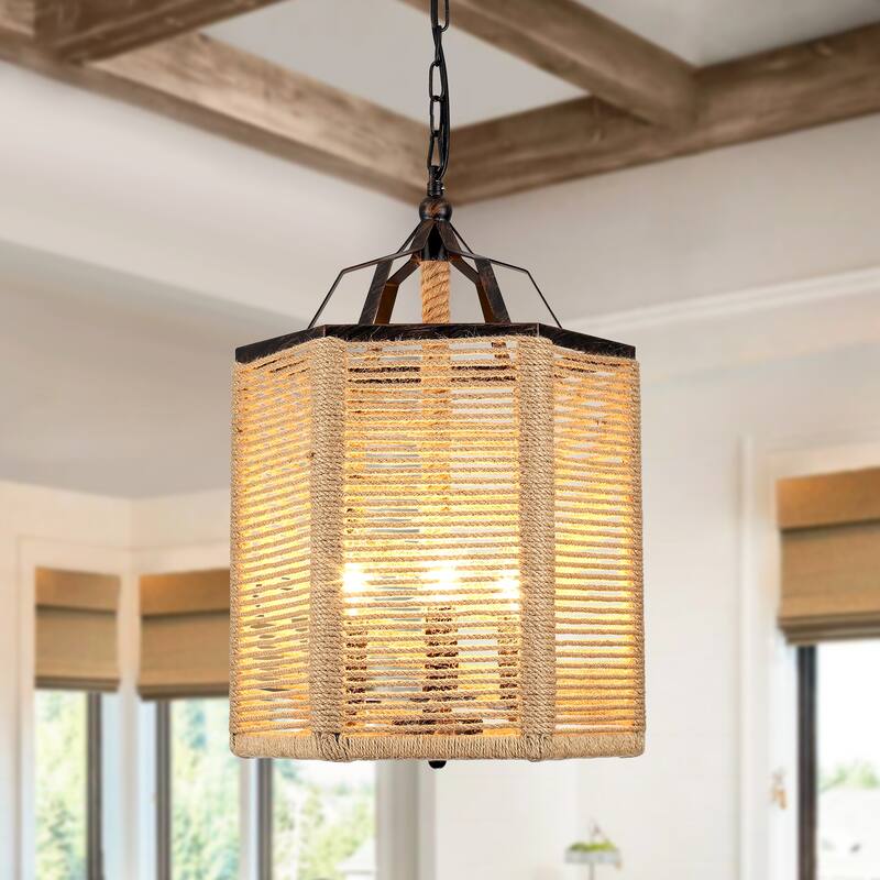 3-Light Farmhouse Lantern-style Chandelier with Hemp Rope for Living Room