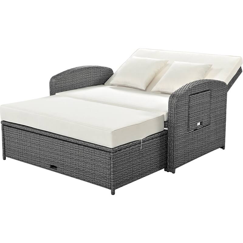 Roomfitters PE Wicker Rattan Double Chaise Lounge Daybed with Adjustable Back and Cushions