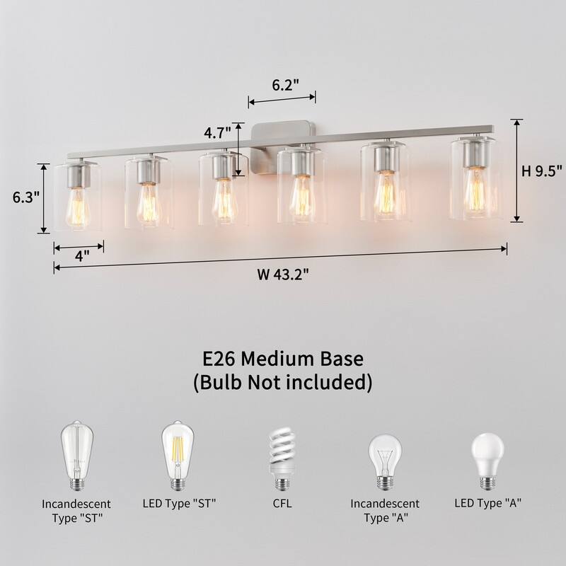 KAWOTI 6-Light Square Clear Glass Shade Vanity Light