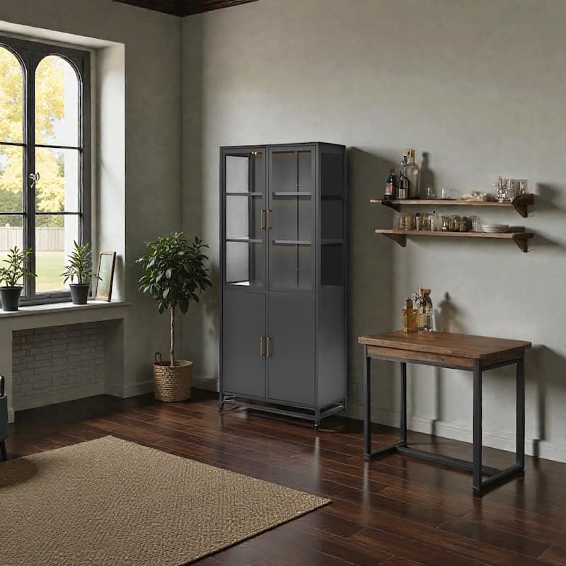 76.75 Inch Glass Display Cabinet with LED Lights, 3 Sided Tempered Glass Steel Curio Cabinet with Double Doors