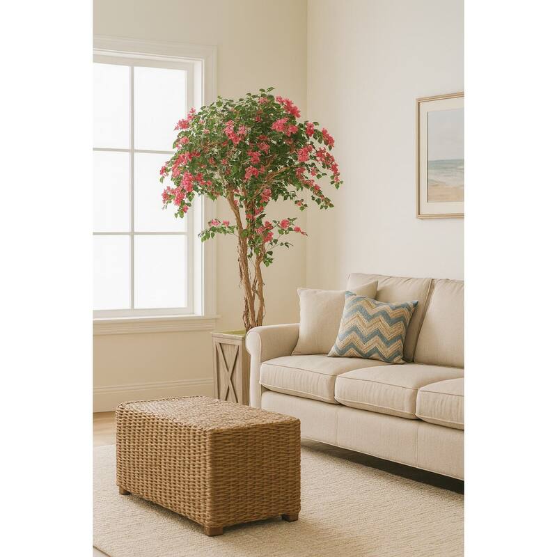 HomeStock 7' Bougainvillea Tree in Weathered Wooden Box Planter - Lush Artificial Tree for Lively Interiors - 84