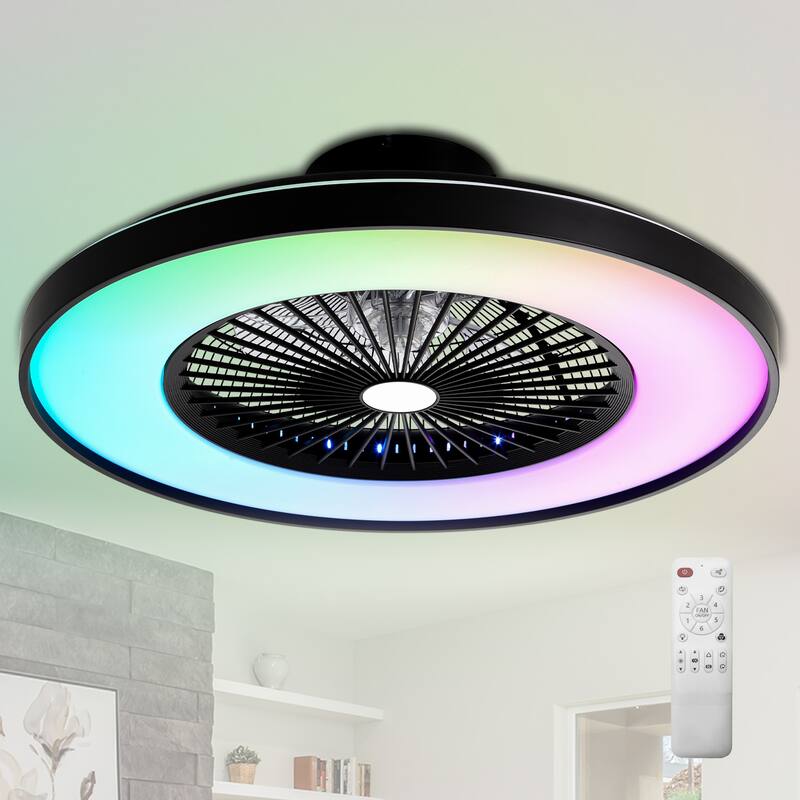 Cusp Barn 23 Inch Modern Low Profile RGB Ceiling Fan with Light, Smart Bladeless Flush Mount Enclosed Black Dimmable Ceiling Fan