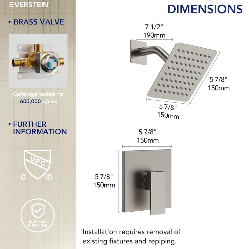Stainless Steel Rainfall Shower Head, Single-Function Shower Faucet with Pressure-Balanced Valve