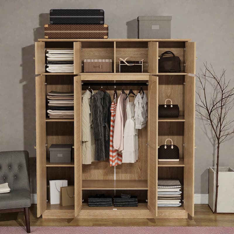 Tall 8 Door Armoire Wardrobe Closet with Hanging Rod and Adjustable Shelves, Rattan Door Storage Cabinet