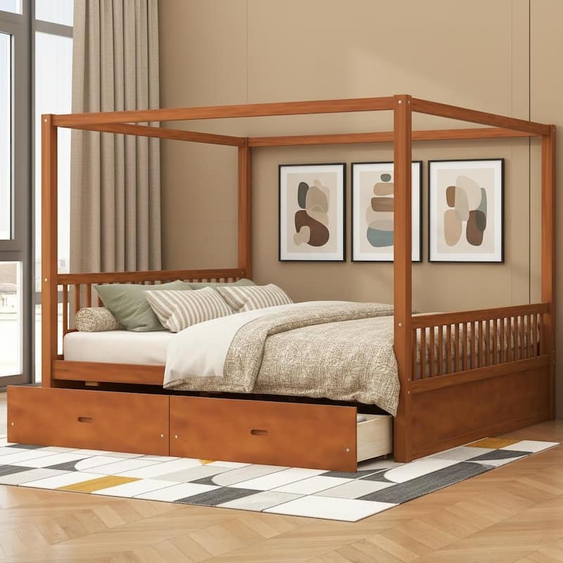 Wooden Canopy Bed with Hidden Storage Drawers by Harper&Bright Designs - Walnut - Queen