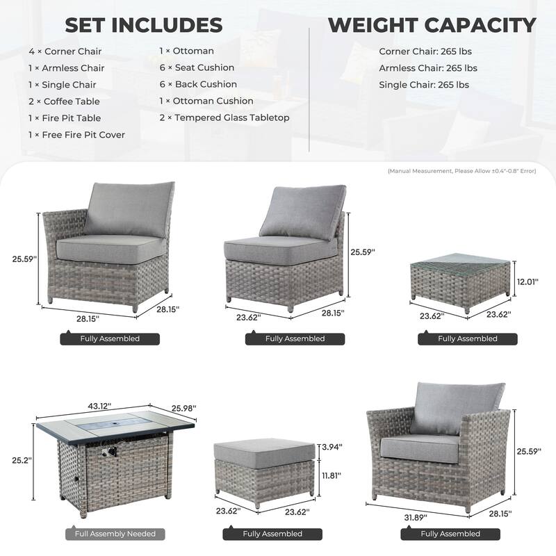 HOOOWOOO 10-piece Wicker Rattan Patio Furniture Sectional Set with Fire Pit