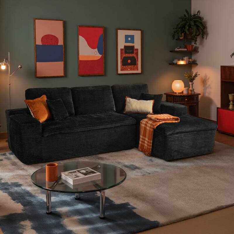 HOOOWOOO Upholstered Fabric Sectional Sofa Couch with Chaise - Corduroy-Black
