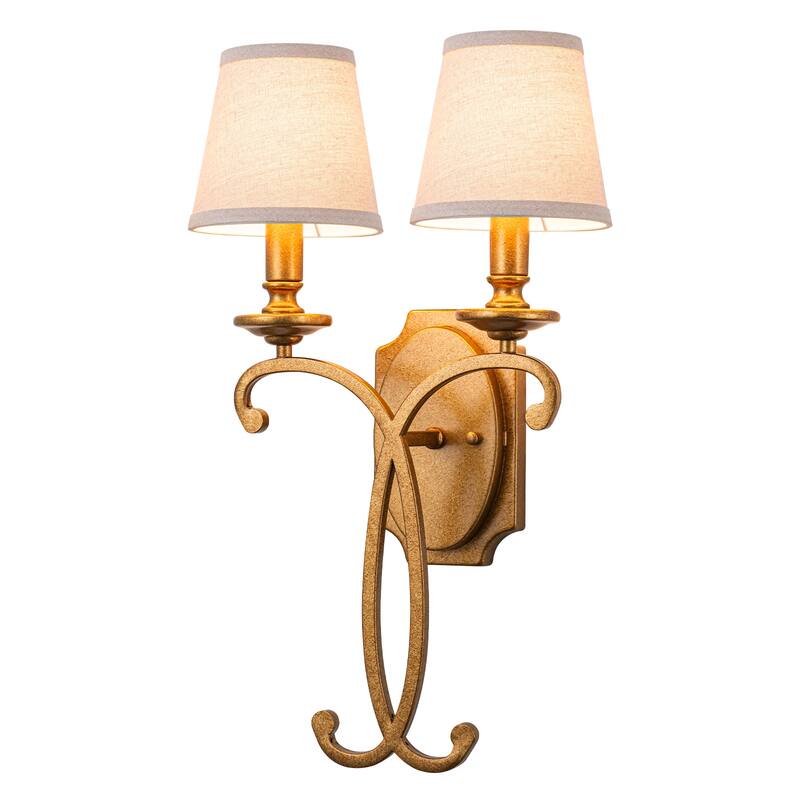2-Light Antique Gold Metal Wall Sconce Cone Linen Fabric Shades - Antique Brass