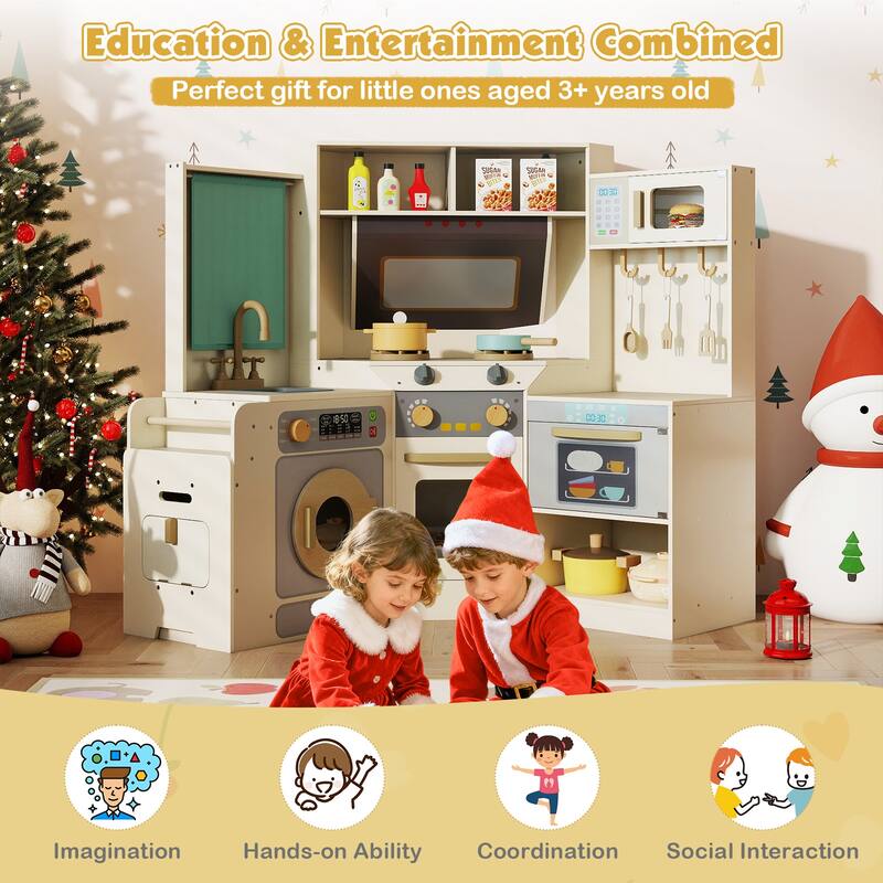 Gymax Corner Kitchen w/ Lights & Sounds Interactive Wooden Playset for