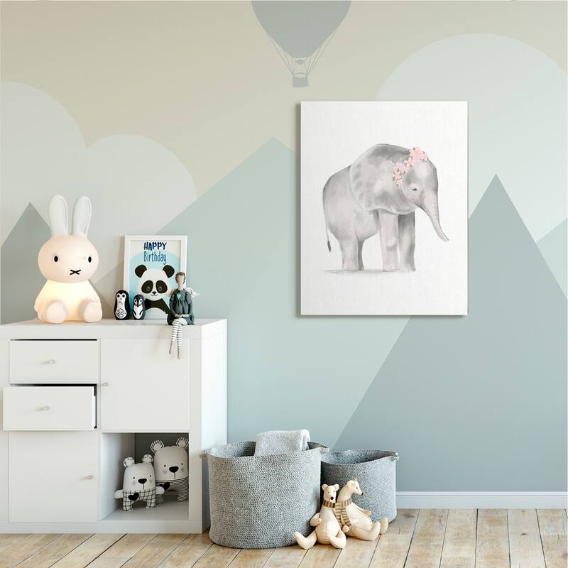 Stupell Floral Crown Baby Elephant Soft Pink Grey Illustration Canvas Wall Art