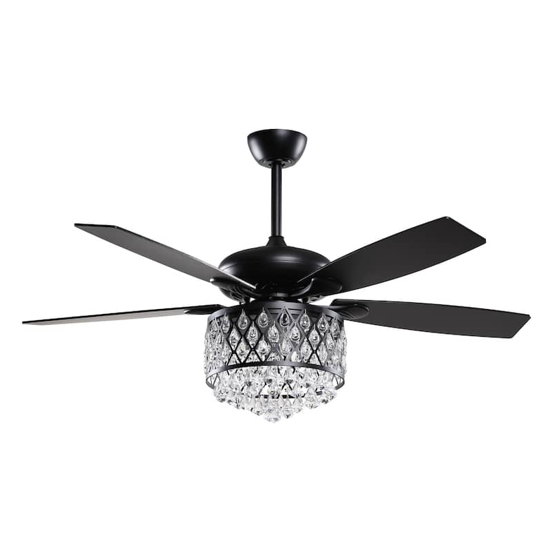 52" Indoor Black Crystal Chandelier Ceiling Fan With Light and Remote - 52"W x 52"D x 17"H