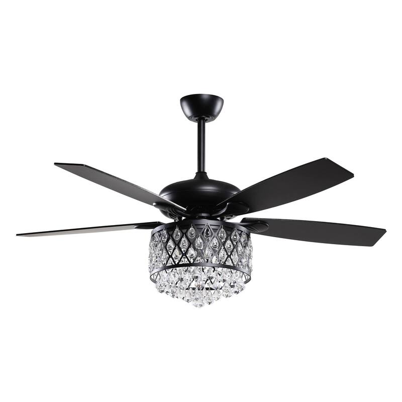 Modern 52-inch Black 5-Blade Crystal Ceiling Fan with Remote - 52 Inches
