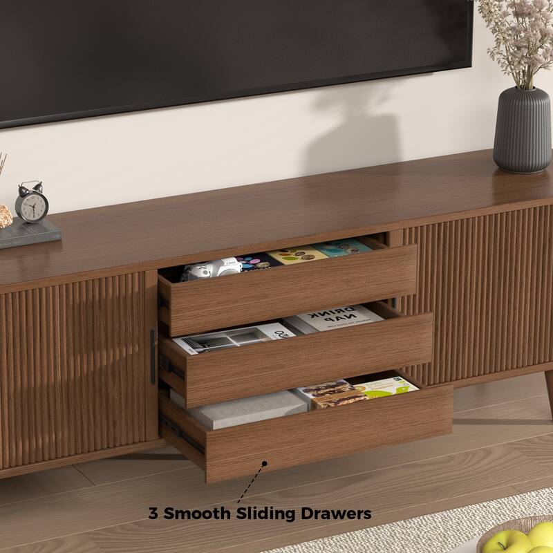 Gymojoy 71" Mid-Century Modern TV Stand, Walnut Media Console with Sliding Doors, Entertainment Center for TVs up to 80".