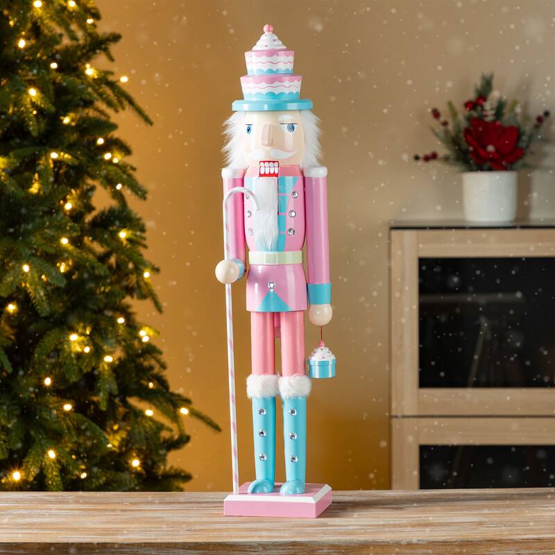 Glitzhome Wooden Christmas Green Brush Tree or Pink Cake Nutcracker