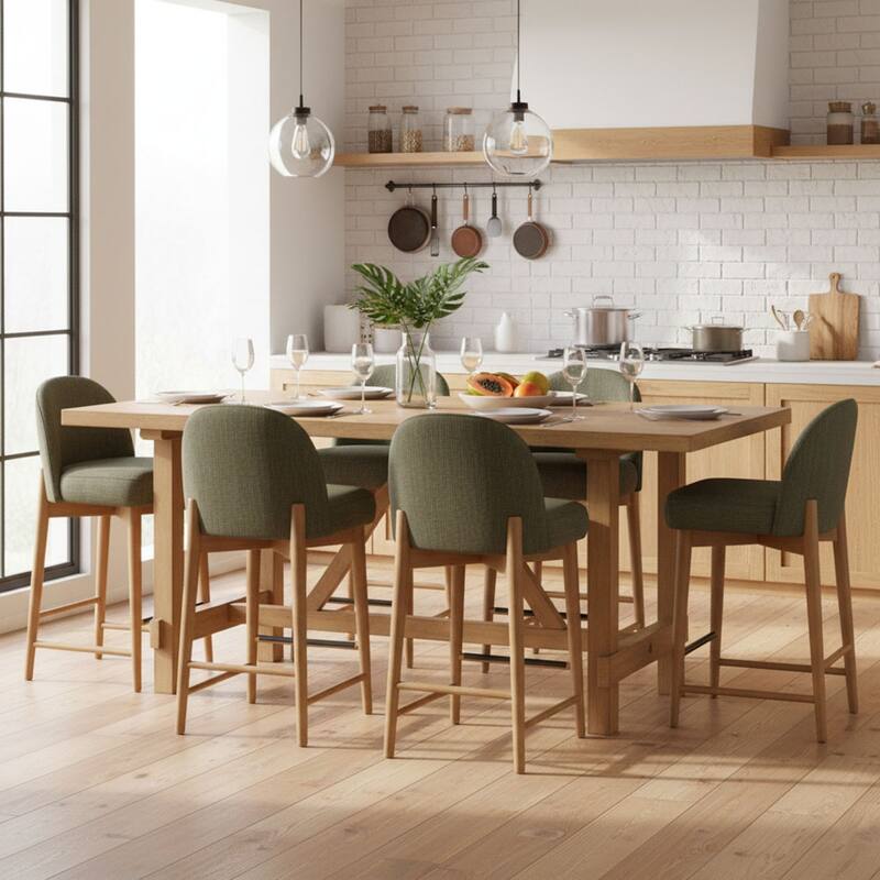 Upholstered Counter Stool With Oak Wood Legs (Set of 6)