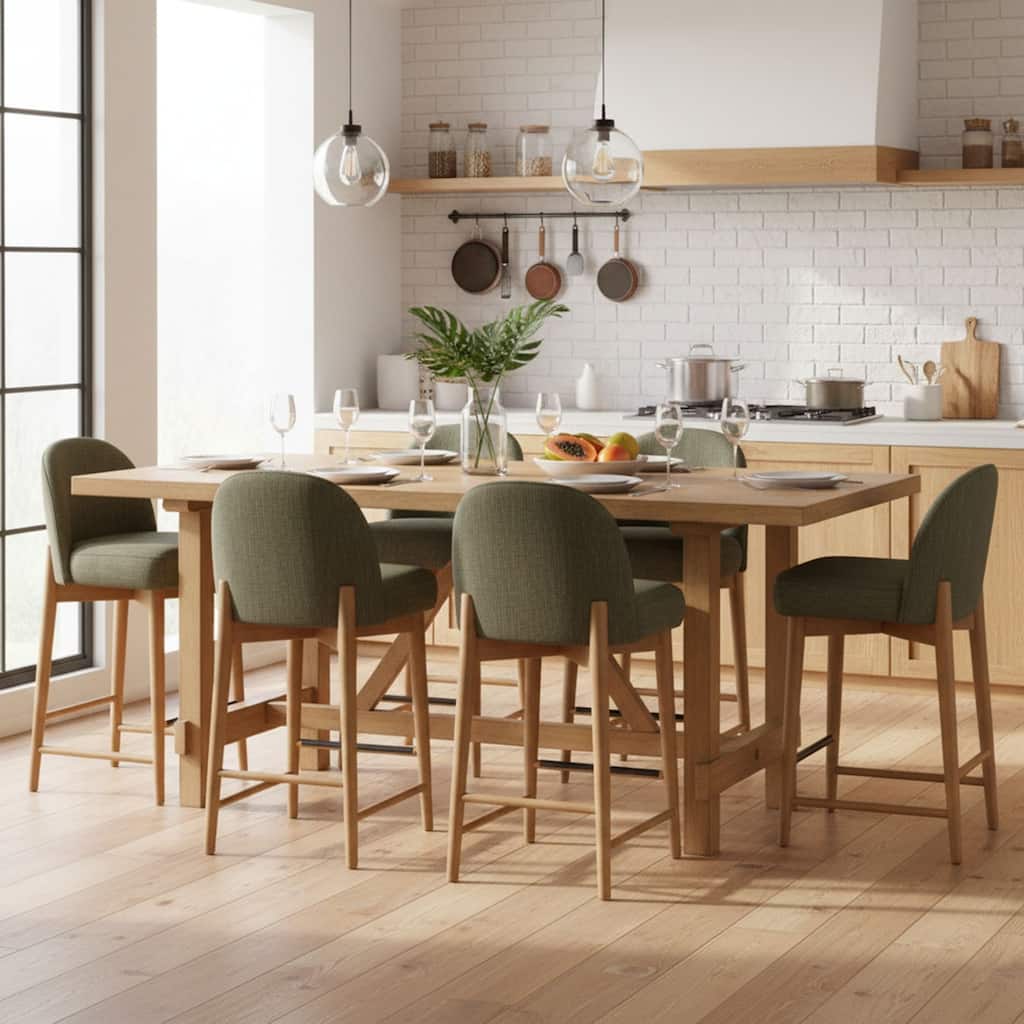 Upholstered Counter Stool With Oak Wood Legs (Set of 6)