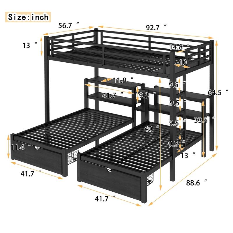 Full XL Over Twin & Twin Triple Bunk Bed with Drawers,Metal Frame Bed