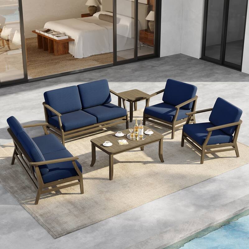 6-Seat Outdoor Teak Wood Patio Conversation Set with Cushions Tables
