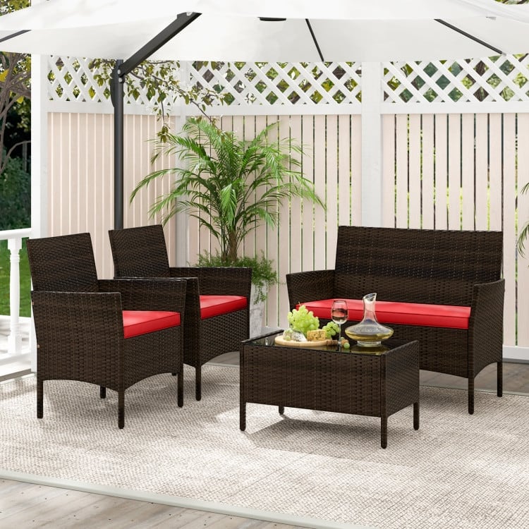 4 Piece Outdoor Rattan Patio Set with Cushions and Glass Table - 39.5" x 22.5" x 32"