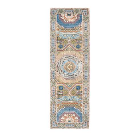Shahbanu Rugs Colorful, Mamluk Design, Textured Wool and Plant Based Silk, Hand Knotted, Oriental, Runner Rug (2'8" x 8'1")