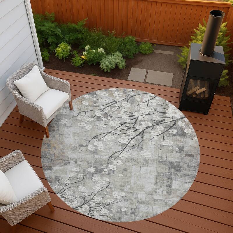 Machine Washable Indoor/ Outdoor Modern Floral Chantille Rug - Beige - 8' x 8'