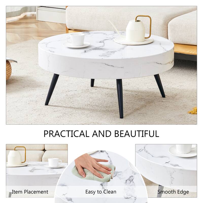 31.5 Inch Round Coffee Table with Adjustable Legs Small End Table with Marble Sticker Top Home Center Table