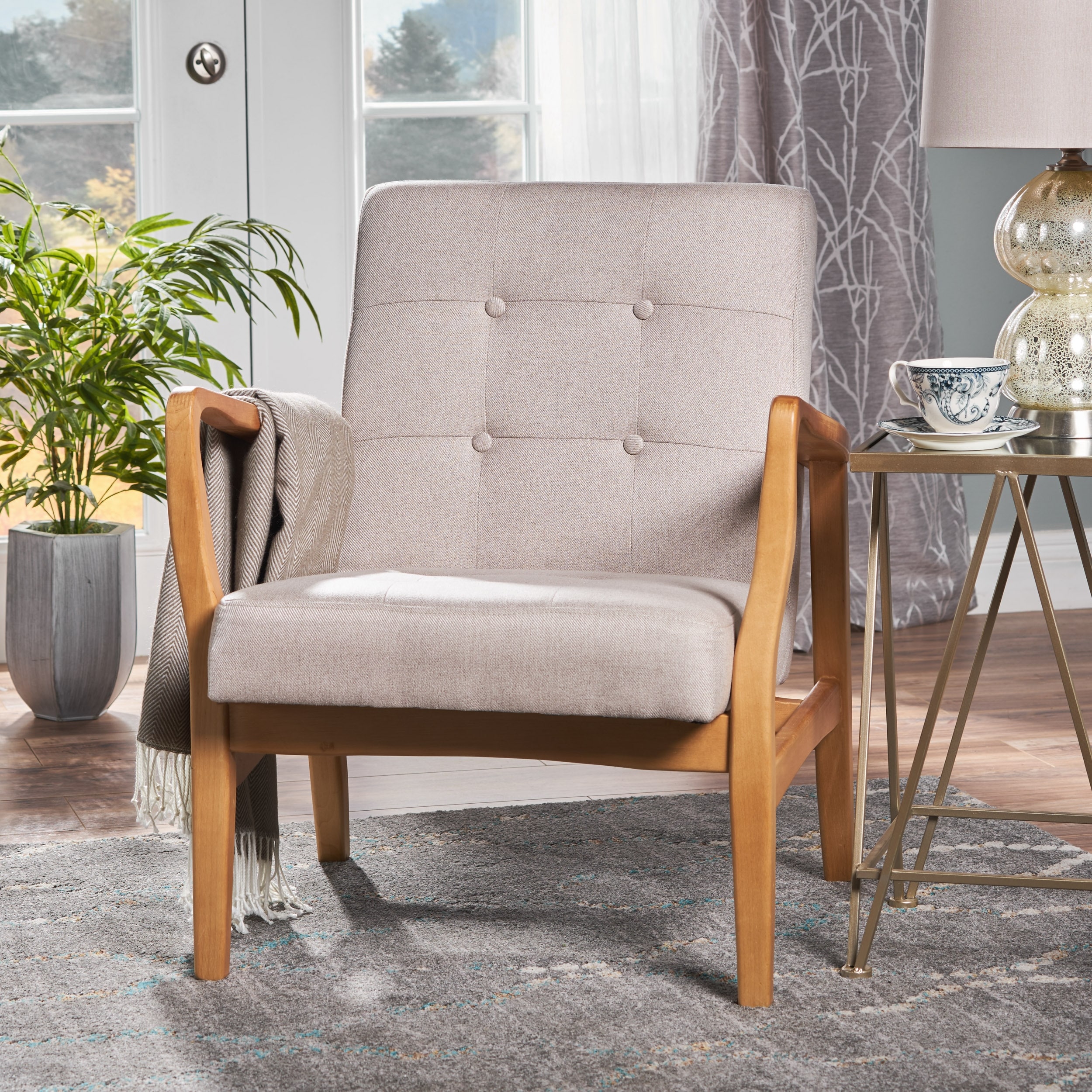 Beige Wood Frame Armchair, Modern Accent Chair Lounge Chair for