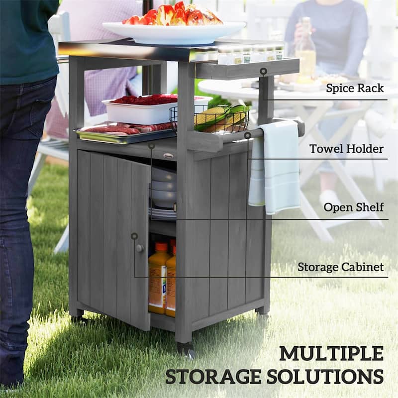 Dark Gray Solid Wood Grill Cart with Stainless Steel Top Cabinet Spice Rack Towel Holder and Swivel Casters 27 Inch